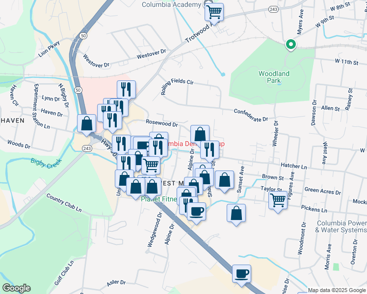map of restaurants, bars, coffee shops, grocery stores, and more near 1407 Hatcher Lane in Columbia