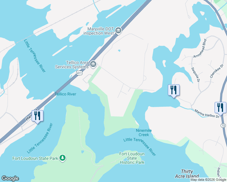 map of restaurants, bars, coffee shops, grocery stores, and more near 665 Clearview Drive in Maryville