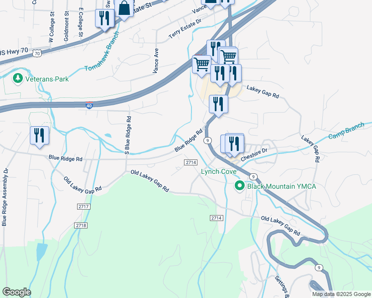 map of restaurants, bars, coffee shops, grocery stores, and more near 110 Meadowbrook Drive in Black Mountain