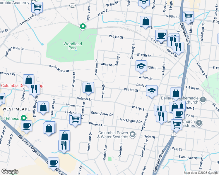 map of restaurants, bars, coffee shops, grocery stores, and more near 520 West 15th Street in Columbia