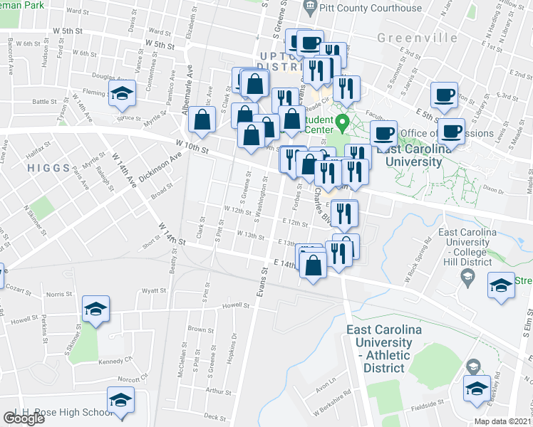 map of restaurants, bars, coffee shops, grocery stores, and more near 112 West 12th Street in Greenville