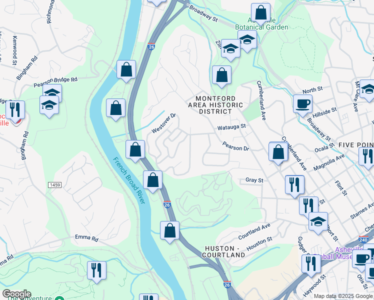 map of restaurants, bars, coffee shops, grocery stores, and more near 31 Westover Drive in Asheville