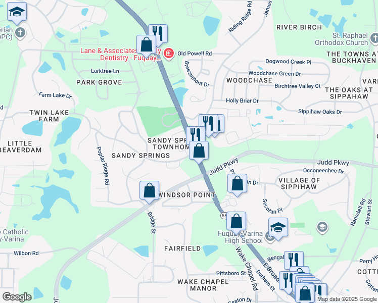 map of restaurants, bars, coffee shops, grocery stores, and more near 1604 Stroll Circle in Fuquay Varina