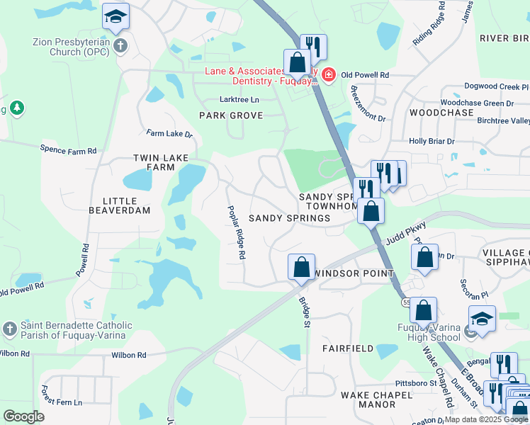 map of restaurants, bars, coffee shops, grocery stores, and more near 1406 Ravensthorpe Drive in Fuquay Varina