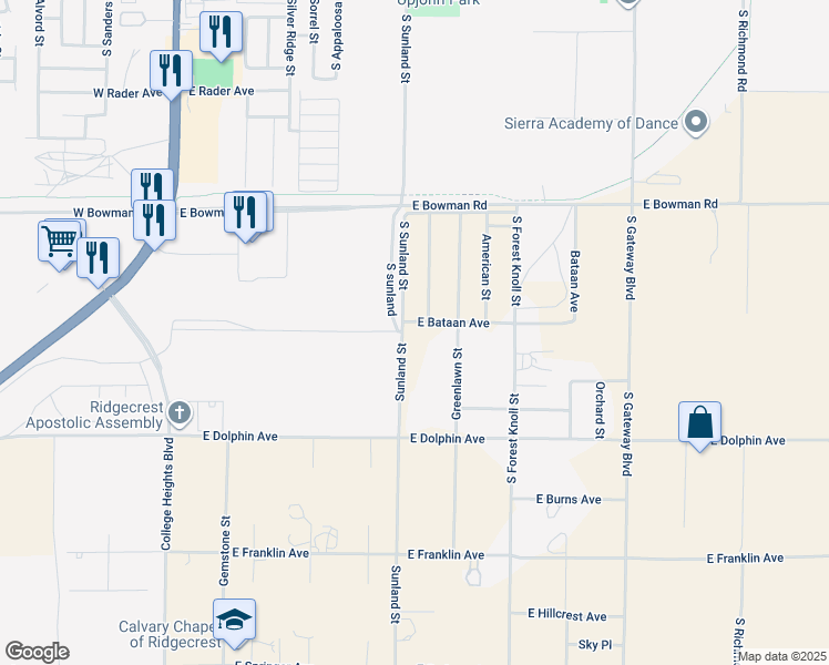 map of restaurants, bars, coffee shops, grocery stores, and more near 507 East Bataan Avenue in Ridgecrest