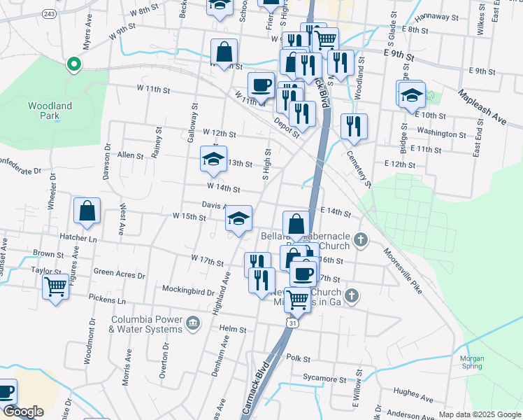 map of restaurants, bars, coffee shops, grocery stores, and more near 1505 Highland Avenue in Columbia