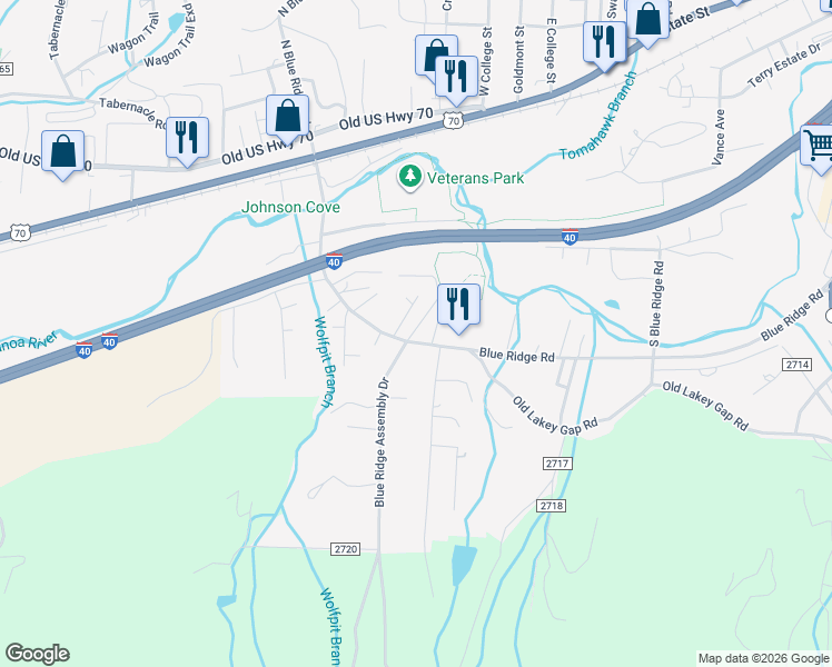 map of restaurants, bars, coffee shops, grocery stores, and more near 522 Blue Ridge Road in Black Mountain