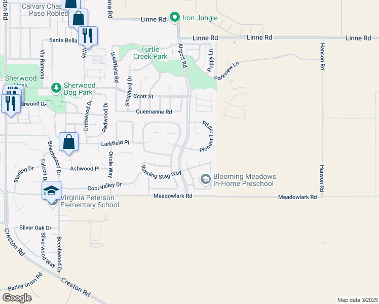 map of restaurants, bars, coffee shops, grocery stores, and more near 1053 Pioneer Trail Road in Paso Robles