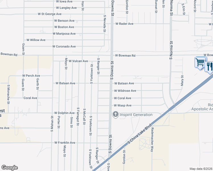 map of restaurants, bars, coffee shops, grocery stores, and more near 901 West Bataan Avenue in Ridgecrest