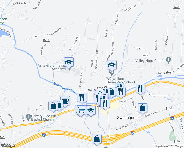 map of restaurants, bars, coffee shops, grocery stores, and more near 9 Bee Meadows Circle in Swannanoa