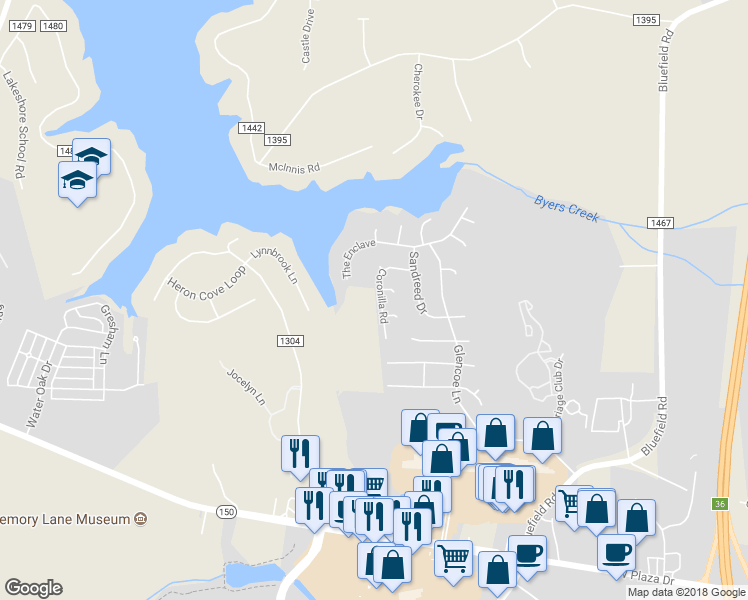 map of restaurants, bars, coffee shops, grocery stores, and more near 138 Coronilla Road in Mooresville