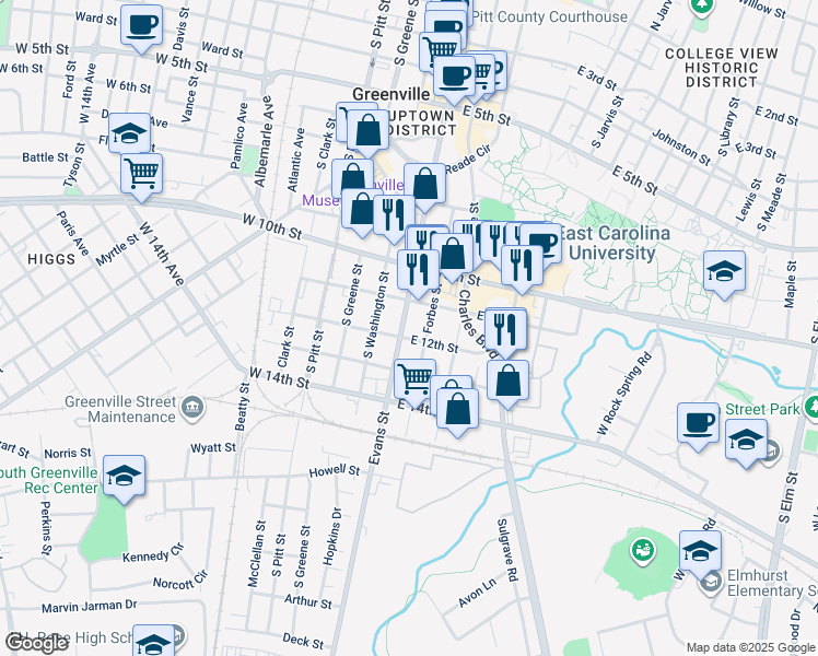 map of restaurants, bars, coffee shops, grocery stores, and more near 1109 Evans Street in Greenville