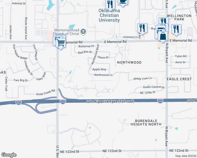 map of restaurants, bars, coffee shops, grocery stores, and more near 2329 Shady Tree Lane in Edmond