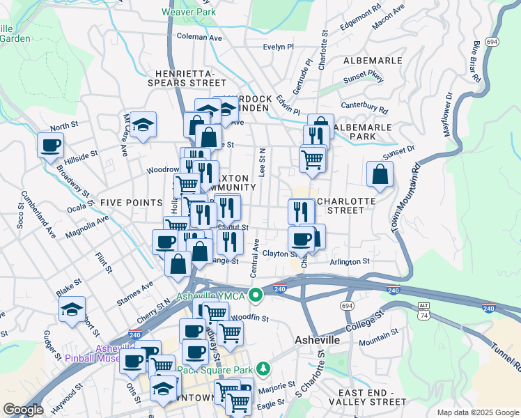 map of restaurants, bars, coffee shops, grocery stores, and more near 85 Broad Street in Asheville