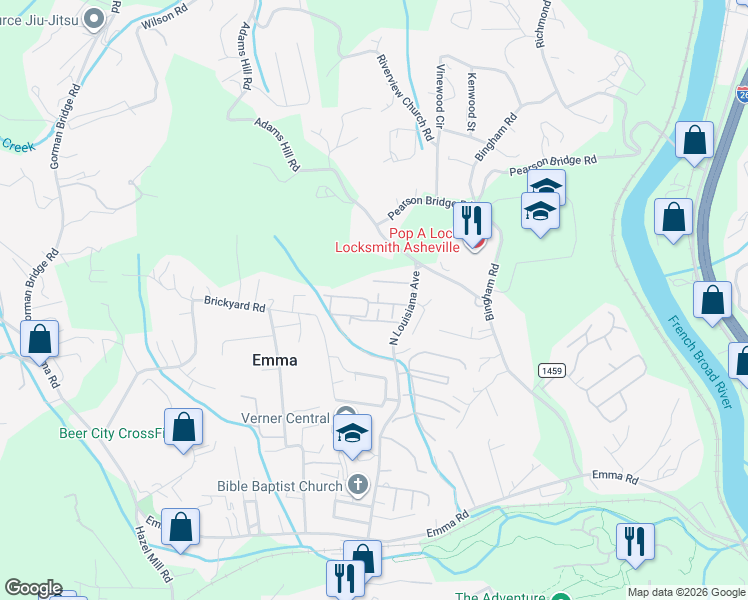 map of restaurants, bars, coffee shops, grocery stores, and more near 2 Tequila Trail in Asheville