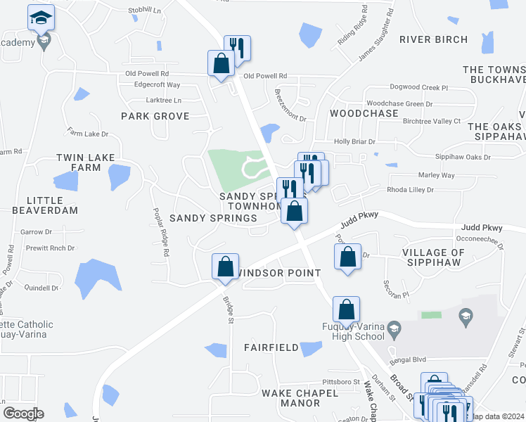 map of restaurants, bars, coffee shops, grocery stores, and more near 1918 Stroll Circle in Fuquay-Varina