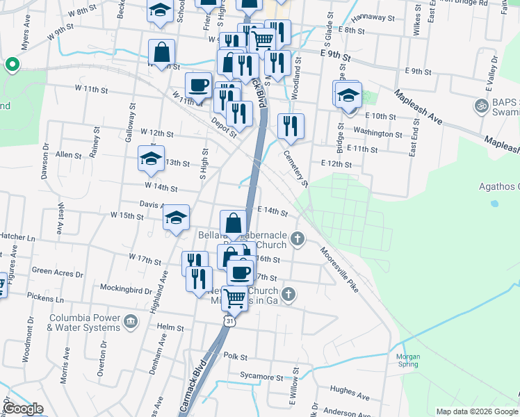 map of restaurants, bars, coffee shops, grocery stores, and more near 201 East 14th Street in Columbia
