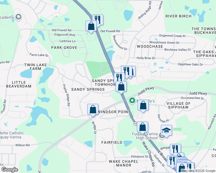 map of restaurants, bars, coffee shops, grocery stores, and more near 1918 Stroll Circle in Fuquay-Varina
