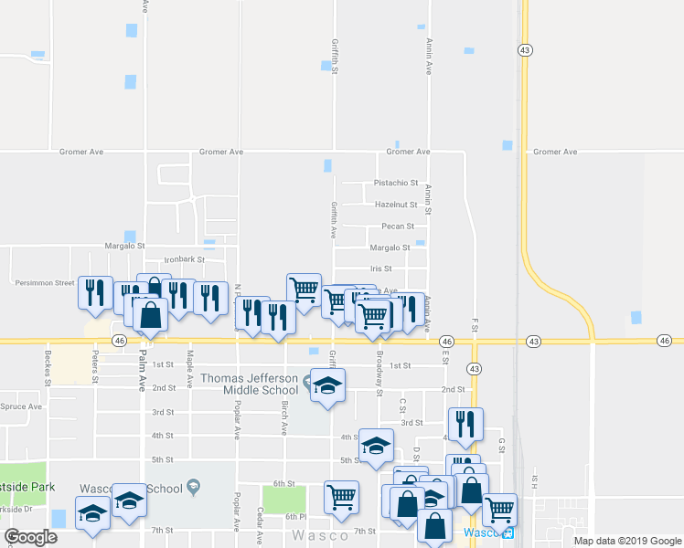 map of restaurants, bars, coffee shops, grocery stores, and more near 1233 Iris Street in Wasco