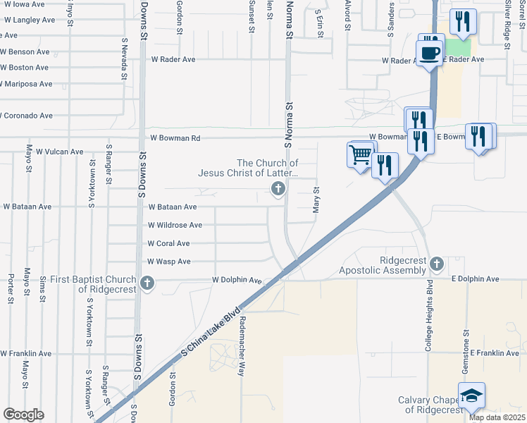 map of restaurants, bars, coffee shops, grocery stores, and more near 1101 South Allen Street in Ridgecrest