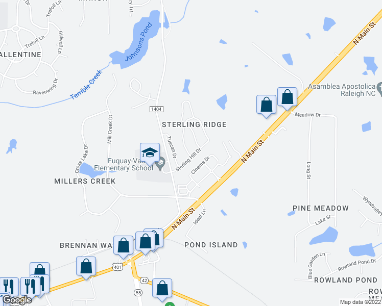map of restaurants, bars, coffee shops, grocery stores, and more near 1941 Sterling Hill Drive in Fuquay Varina