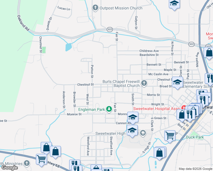 map of restaurants, bars, coffee shops, grocery stores, and more near 1214 Broad Street in Sweetwater