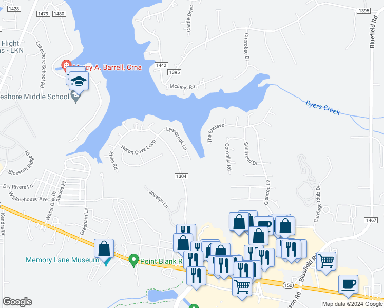 map of restaurants, bars, coffee shops, grocery stores, and more near 157 Lynnbrook Lane in Mooresville