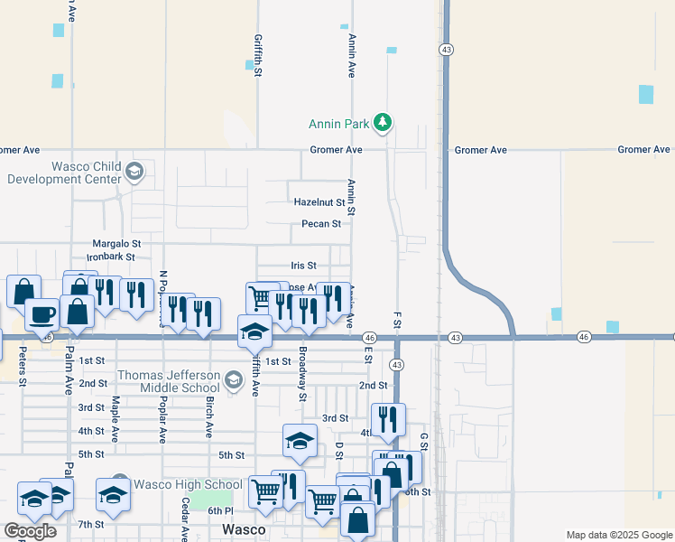 map of restaurants, bars, coffee shops, grocery stores, and more near 1001 Iris Street in Wasco