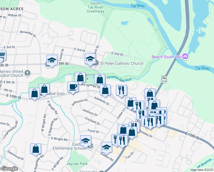 map of restaurants, bars, coffee shops, grocery stores, and more near 2903 East 5th Street in Greenville