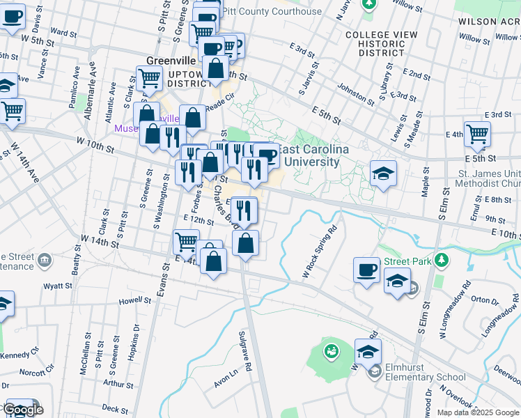 map of restaurants, bars, coffee shops, grocery stores, and more near 500 East 11th Street in Greenville