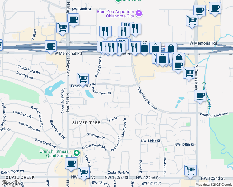 map of restaurants, bars, coffee shops, grocery stores, and more near 2611 Cedar Tree Road in Oklahoma City