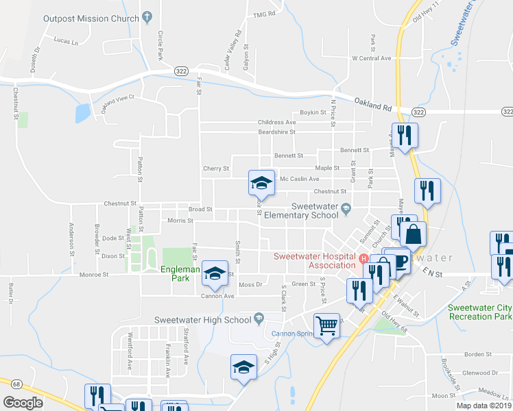 map of restaurants, bars, coffee shops, grocery stores, and more near 501 Lenoir Street in Sweetwater