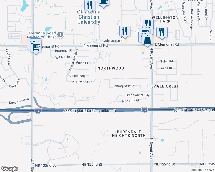 map of restaurants, bars, coffee shops, grocery stores, and more near 13305 Red Canyon Road in Edmond