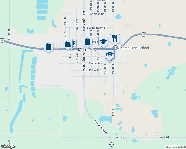 map of restaurants, bars, coffee shops, grocery stores, and more near 615 South 3rd Street in Morris