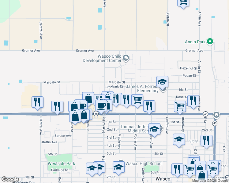 map of restaurants, bars, coffee shops, grocery stores, and more near 313 Saguaro Court in Wasco