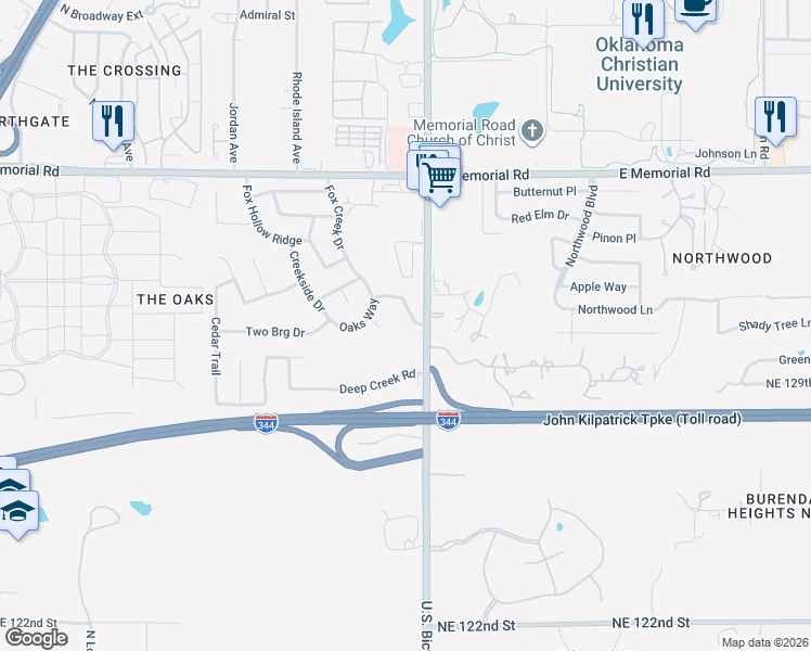 map of restaurants, bars, coffee shops, grocery stores, and more near 1920 Oaks Way in Oklahoma City