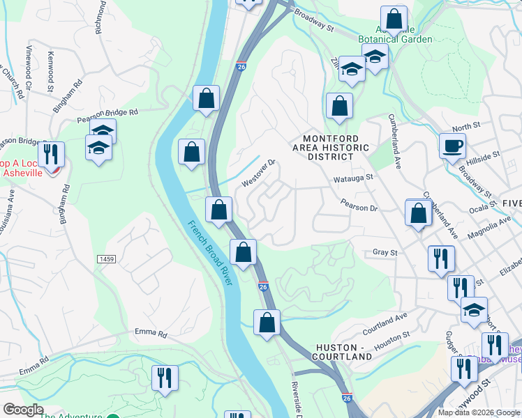 map of restaurants, bars, coffee shops, grocery stores, and more near 202 Westover Alley in Asheville