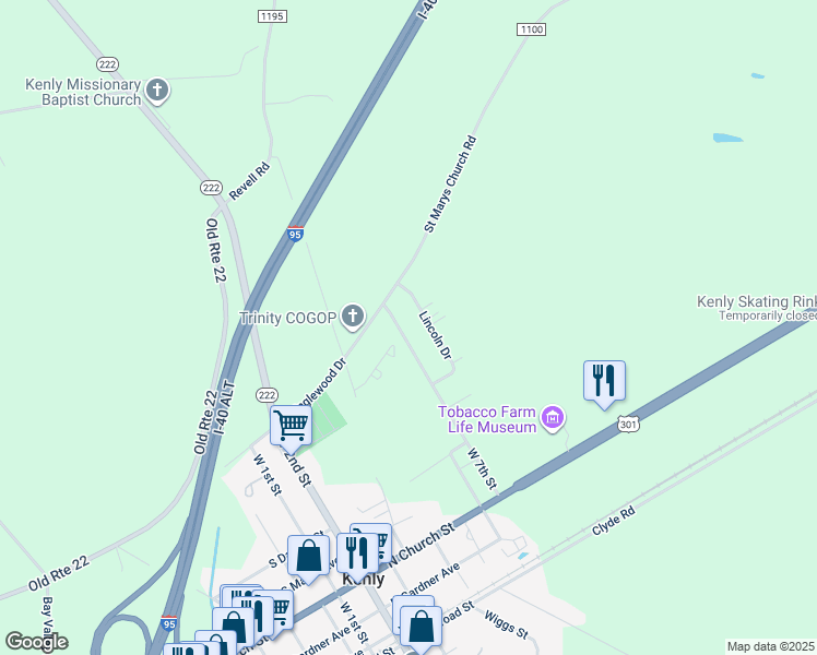 map of restaurants, bars, coffee shops, grocery stores, and more near 616 West 7th Street in Kenly