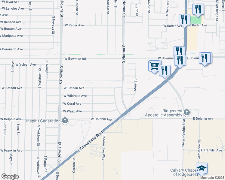 map of restaurants, bars, coffee shops, grocery stores, and more near 1101 South Allen Street in Ridgecrest