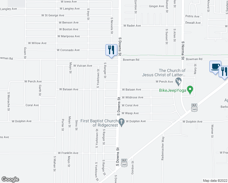 map of restaurants, bars, coffee shops, grocery stores, and more near 911 West Bataan Avenue in Ridgecrest
