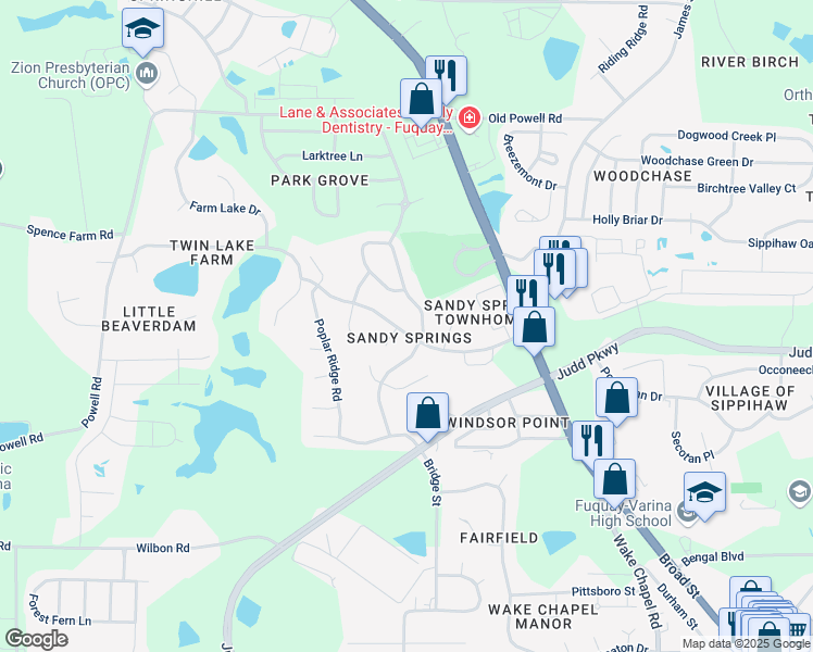map of restaurants, bars, coffee shops, grocery stores, and more near 408 Wyndham Drive in Fuquay Varina