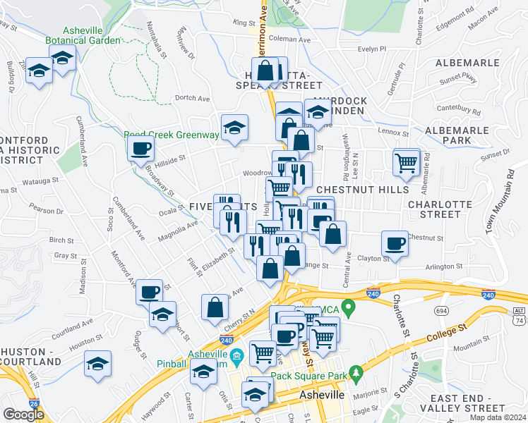 map of restaurants, bars, coffee shops, grocery stores, and more near 18 Holland Street in Asheville