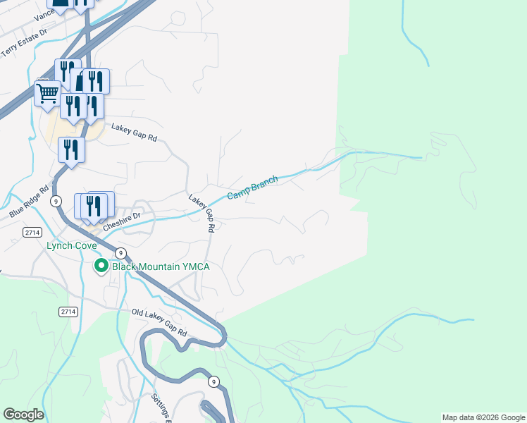 map of restaurants, bars, coffee shops, grocery stores, and more near 23 Hunting Lodge Acres in Black Mountain