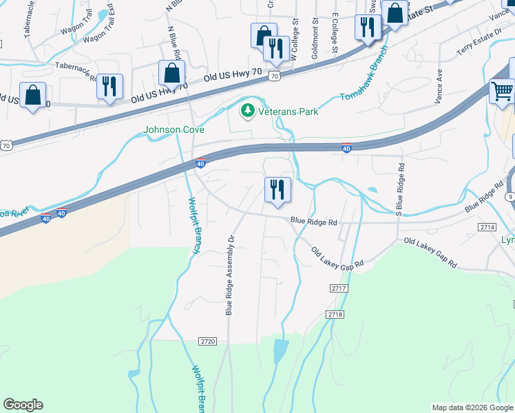 map of restaurants, bars, coffee shops, grocery stores, and more near 522 Blue Ridge Road in Black Mountain