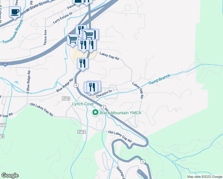 map of restaurants, bars, coffee shops, grocery stores, and more near 34 Cheshire Drive in Black Mountain