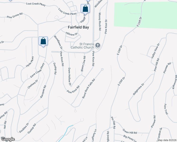 map of restaurants, bars, coffee shops, grocery stores, and more near 214 Pine Knot Road in Fairfield Bay