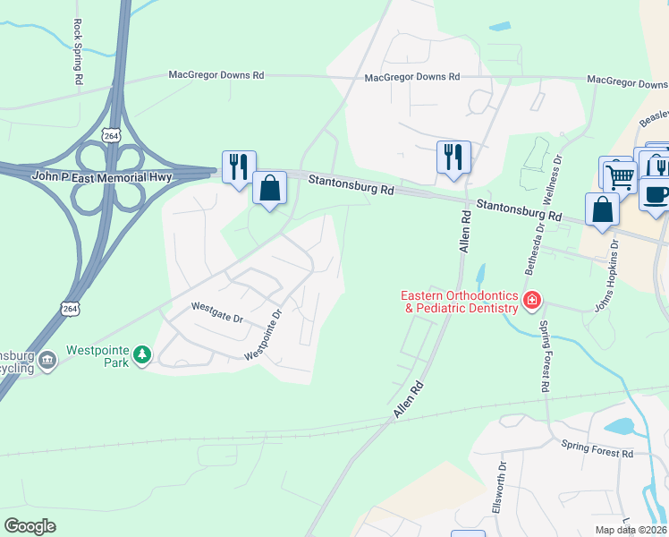 map of restaurants, bars, coffee shops, grocery stores, and more near 2910 Eastridge Ct in Greenville