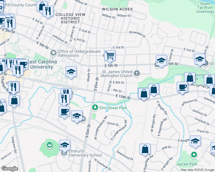 map of restaurants, bars, coffee shops, grocery stores, and more near 612 Ernul Street in Greenville