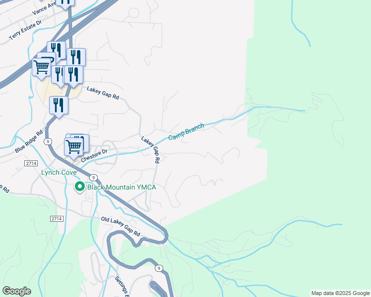 map of restaurants, bars, coffee shops, grocery stores, and more near 19 Hunting Lodge Drive in Black Mountain