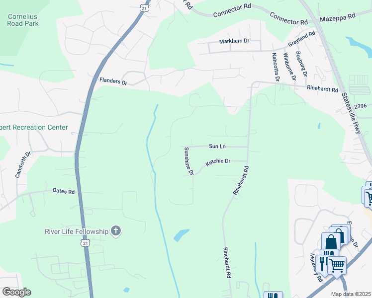 map of restaurants, bars, coffee shops, grocery stores, and more near 185 Sun Lane in Mooresville